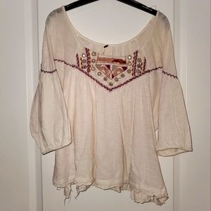 Free People, Small Flowy Cropped Blouse, 3/4 sleeve, Cream with neutral stiching